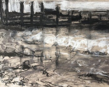 Seascape, charcoal, beach, sea, breaking waves