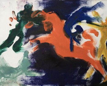 Circus, acrobats, oils, vibrant colour, strong movement